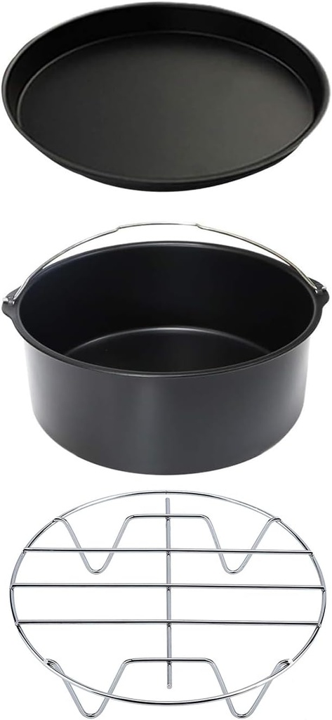Air Fryer Baking Pan 8 Inch,3-Piece Set with Cake Pan, Pizza Tray & Grill Plate for 4Qt-5.6Qt Air Fryers (Black)