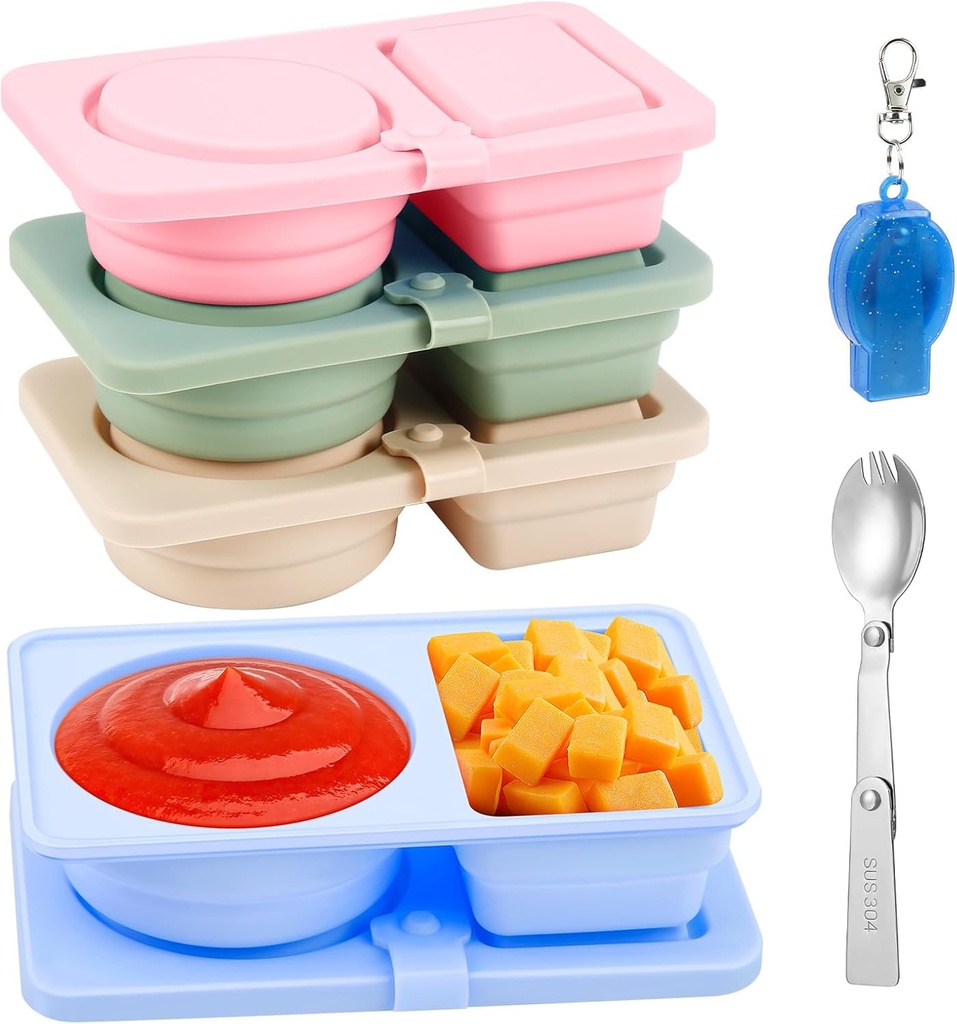 foergenova 4 Pack Silicone Reusable Snack Containers with Lids, Double Compartment Snack Containers with Foldable Fork, Small Size for Sauce Containers, Travel, School, Office & Picnic