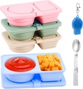 foergenova 4 Pack Silicone Reusable Snack Containers with Lids, Double Compartment Snack Containers with Foldable Fork, Small Size for Sauce Containers, Travel, School, Office & Picnic