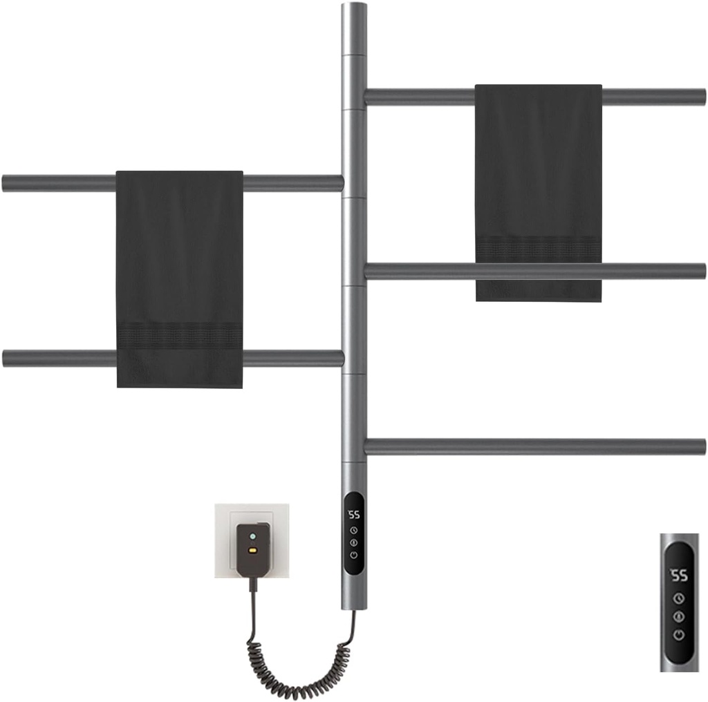 KUKKUME 180°Rotation Electric Heated Towel Rack Wall Mounted Towel Warmer Racks 5 Bars Hardwired & Plug-in Hot Towel Rack with 1H-9H Timer for Home Bathroom Salons and Spas (Grey)