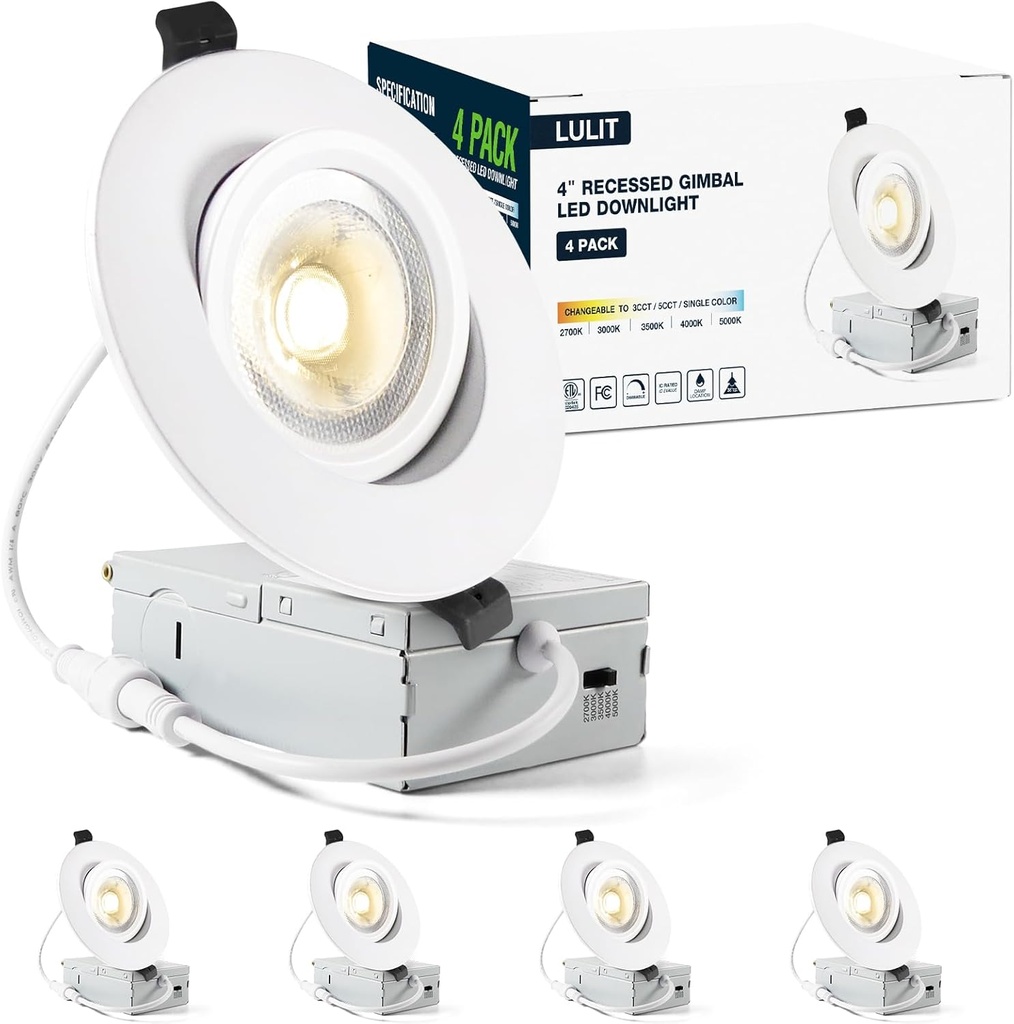 LULIT 4 Pack White 4-inch 5 CCT Gimbal LED Recessed/Downlight Color Selectable 2700K/3000K/3500K/4000K/5000K 800Lm 9W 120V Dimness Adjustable LED Lights