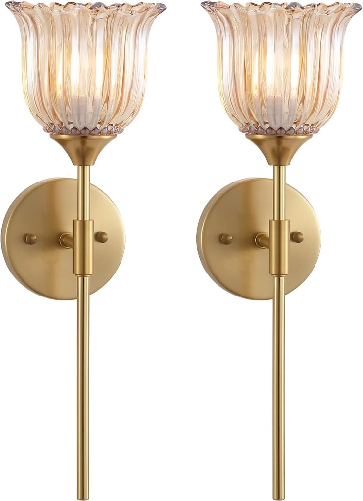 BYOLIIMA Gold Wall Sconce Set of 2 with Amber Glass Shades Modern Mid Century Bathroom Vanity Wall Light Fixtures Industrial Brushed Brass Wall Lamp for Bedroom Mirror Living Room Restaurant