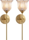 BYOLIIMA Gold Wall Sconce Set of 2 with Amber Glass Shades Modern Mid Century Bathroom Vanity Wall Light Fixtures Industrial Brushed Brass Wall Lamp for Bedroom Mirror Living Room Restaurant