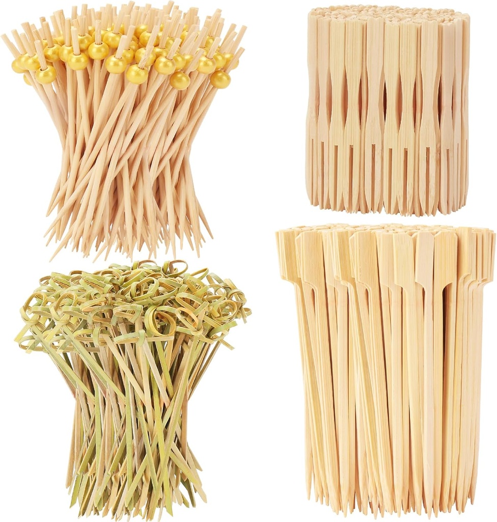 500PCS Cocktail Picks Kit, 4 Styles Fancy Toothpicks for Appetizers, 3 Sizes Long Bamboo Skewers, Decorative Wooden Cocktail Sticks for Party Supplies Food Drinks Fruit Charcuterie Boards Accessories