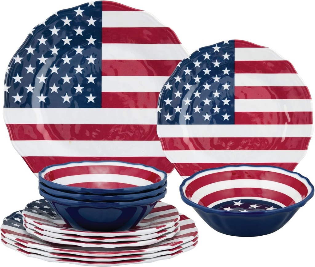UPware 12 Piece American Flag Melamine Dinnerware Sets, Outdoor Dishes Set, Plates and Bowls Sets, Fourth of July Decorations, Service for 4, Patriotic Color