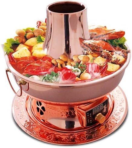 QSYJCCXDL Electric and Charcoal Heating Chinese Beijing Copper Hot Pot, Thickened Copper Mongolian Mutton Two-Flavor Hot Pot, Double Heating Ring Suitable for for Family/Friends, Parties