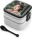 FHESDCW Youthful Women Bento Box Leak-Proof Double Layered Lunch Containers with Spoons And Invisible Handle, Portable Lunch Boxes for Work Picnic Travel