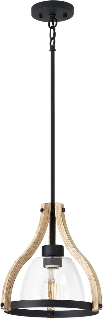 HANASS Pendant Light Fixtures, Farmhouse Wood and Glass Pendant Lighting for Kitchen Island, Rustic Pendant Lights, Height Adjustable, MD89437