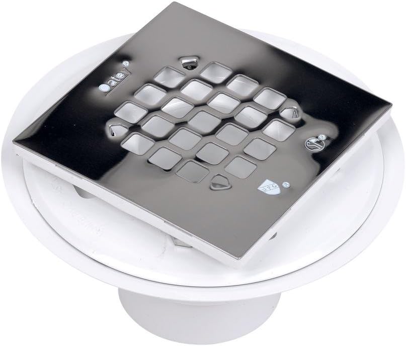 Oatey 42237 PVC Shower Drain with Snap-Tite Square Top Stainless Steel Strainer for Tile Shower Bases, 2-Inch or 3-Inch