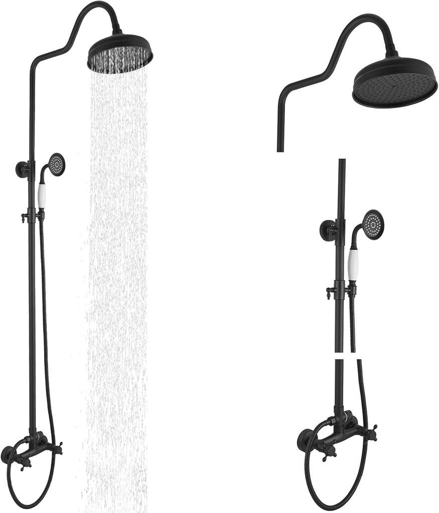 BWE Matte Black Shower Kit Exposed Shower System 8-Inch Rainfall Shower Head with Handheld Spray High Pressure Double Cross Knobs Shower Fixture Wall Mount