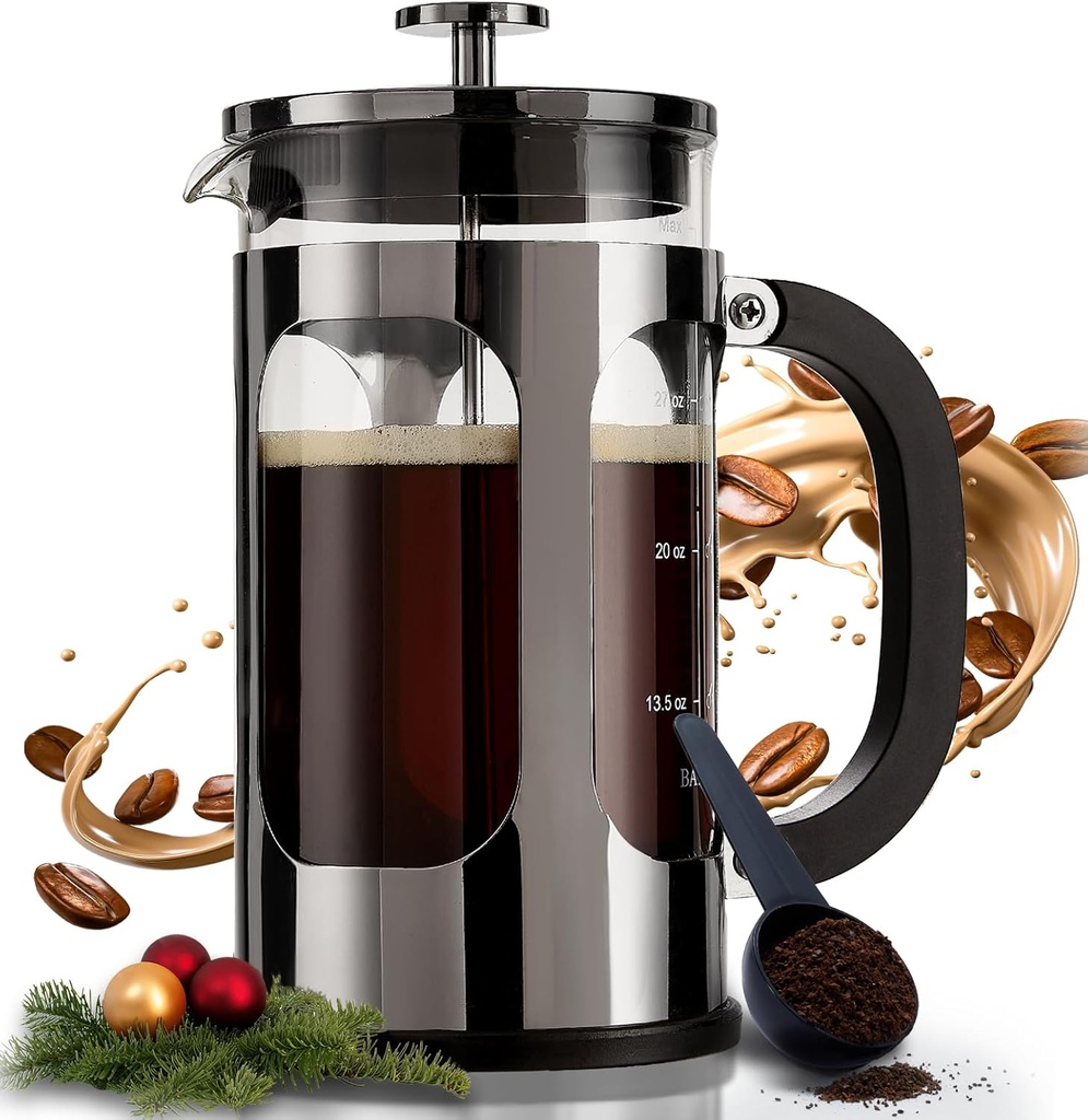 BAYKA French Press Coffee Maker, 4-Level Filtration, Easy to use, Large 304 Stainless Steel Press, Cold Brew Heat Resistant Thickened Borosilicate Pot for Camping Travel Gifts, 34 Ounce, Dark Pewter
