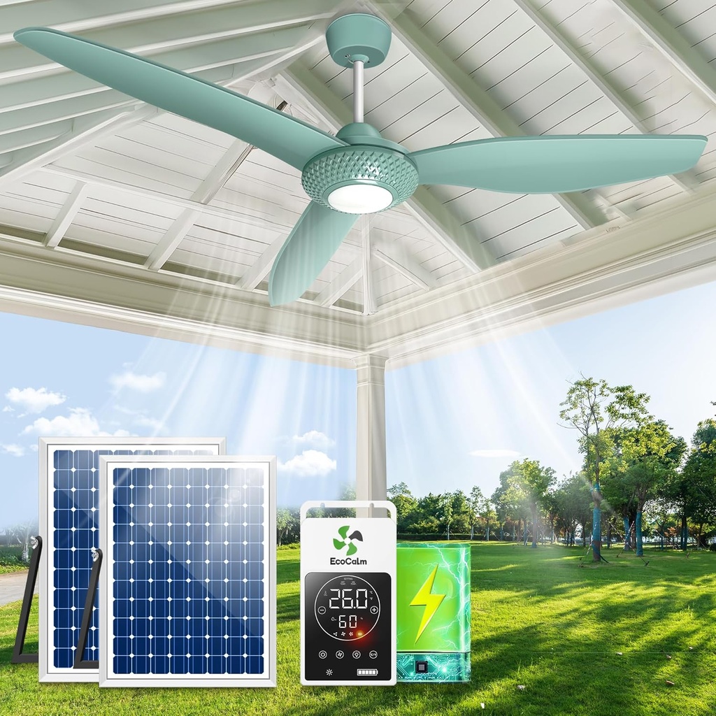ecoCalm Outdoor Ceiling Fan Light for Gazebo with Battery, 52" Solar Ceiling Fan with Adjustable Thermostat & 2pcs 30W Bifacial Panels for Patios, Porch, Barn, Shed