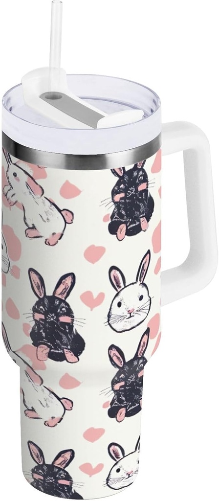 Blueangle 40oz Insulated Tumbler with Handle & Straw Lid - Leakproof Stainless Steel Travel Mug, Double-Wall Vacuum Pink Bunny Pattern Water Bottle（26）