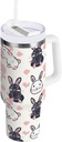 Blueangle 40oz Insulated Tumbler with Handle & Straw Lid - Leakproof Stainless Steel Travel Mug, Double-Wall Vacuum Pink Bunny Pattern Water Bottle（26）
