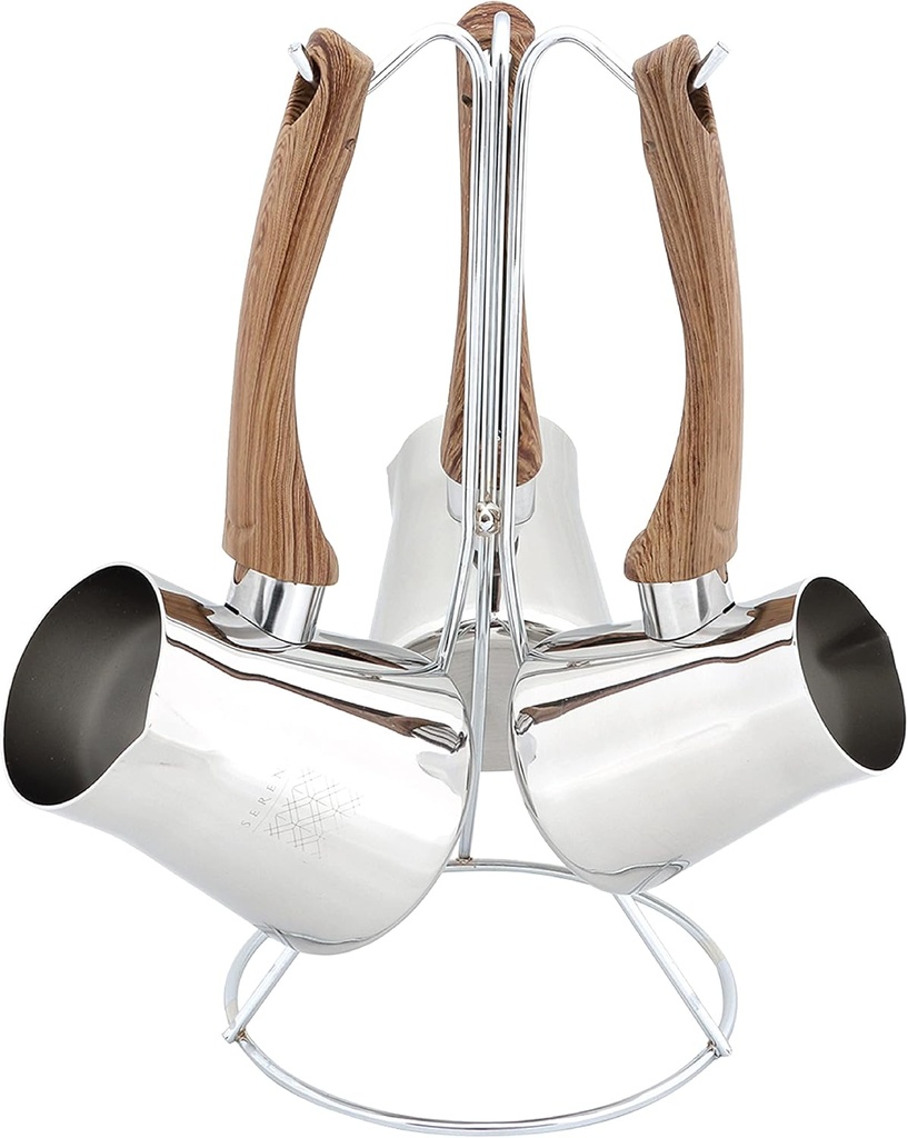 Serenk Turkish Coffee Pot Cezve, Milk Warmer, Ibrik Briki Greek Arabic Coffee Pot, Set of 3, Stovetop Coffee Maker, Turkish Cezve Traditional made of Stainless Steel, Rust Free w/Hanging Base