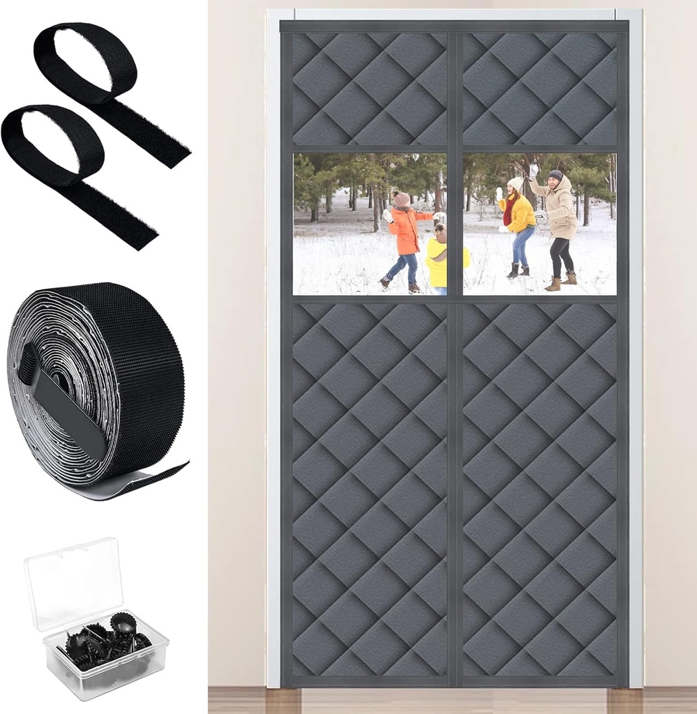 Visible Magnetic Thermal Insulated Door Curtain, Fit 36” x 80” Door Cover Curtain with Window, Magnetic Winter Door Curtain Sound Proof Curtain for Doorway Weatherproof Thermal Door Curtains
