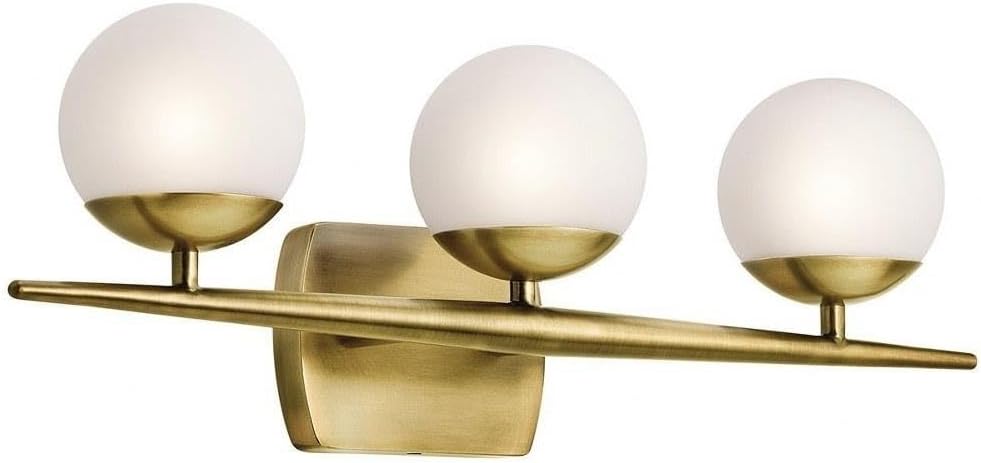 Kichler Jasper 24.5" 3 Light Halogen Vanity Light with Satin Etched Cased Opal Glass Natural Brass, 29 x 12 x 8 in