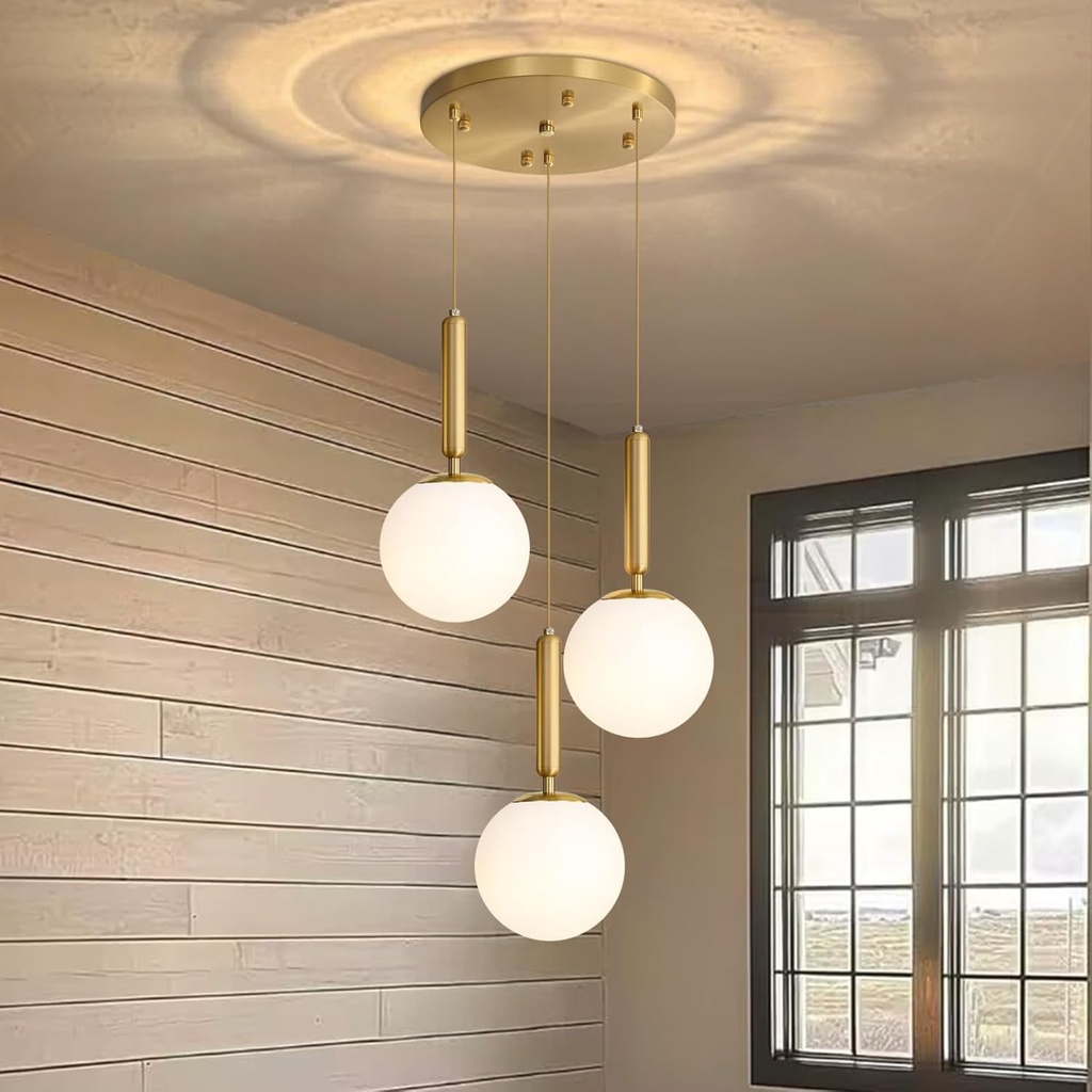 YLKP Modern White Glass Chandelier Cluster Pendants Lights for Kitchen Island Mid Century Globe Hanging Lighting Fixture Living Room Dining Room Bedroom E26 Bulbs Antique Gold
