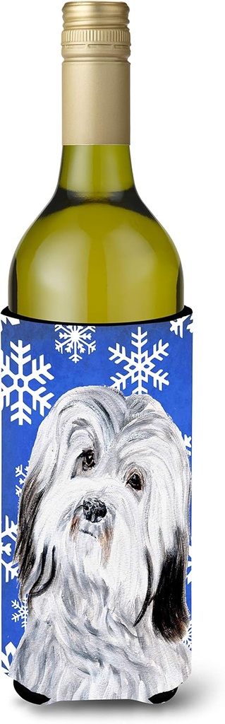 Caroline's Treasures SC9785LITERK Havanese Winter Snowflakes Wine Bottle Hugger Bottle Cooler Sleeve Hugger Machine Washable Collapsible Insulator Beverage Insulated Holder