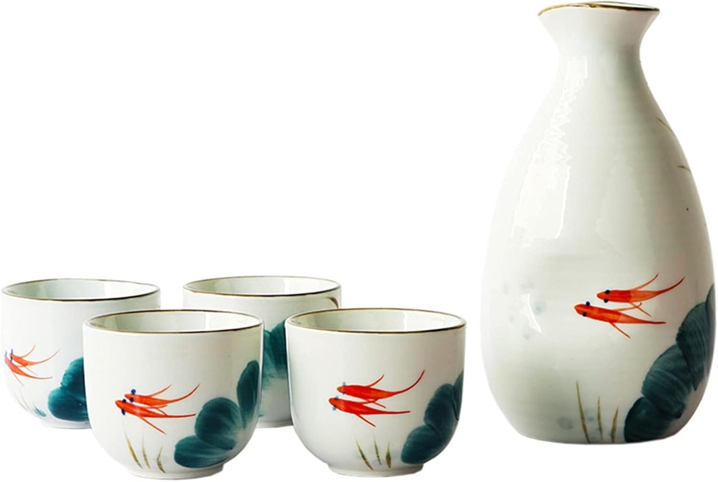 Sake Set, Saki Cups，Crafts Cup Ceramic Sake Set， Sake Set, Traditional Japanese Sake Mug Set, Hand Painted, Ceramic Mugs, Handmade Wine Glasses, Set of 5, Red Fish