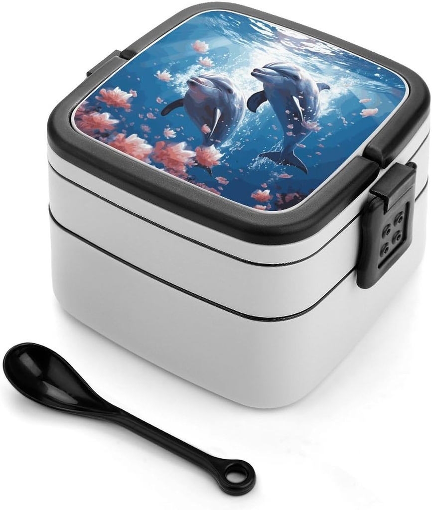 Stackable Double-Layer Bento Box Dolphins in Love Adults Lunchbox with Spoon Cute Japanese Bento Box Dishwasher Safe for Work Travel Dining Outc