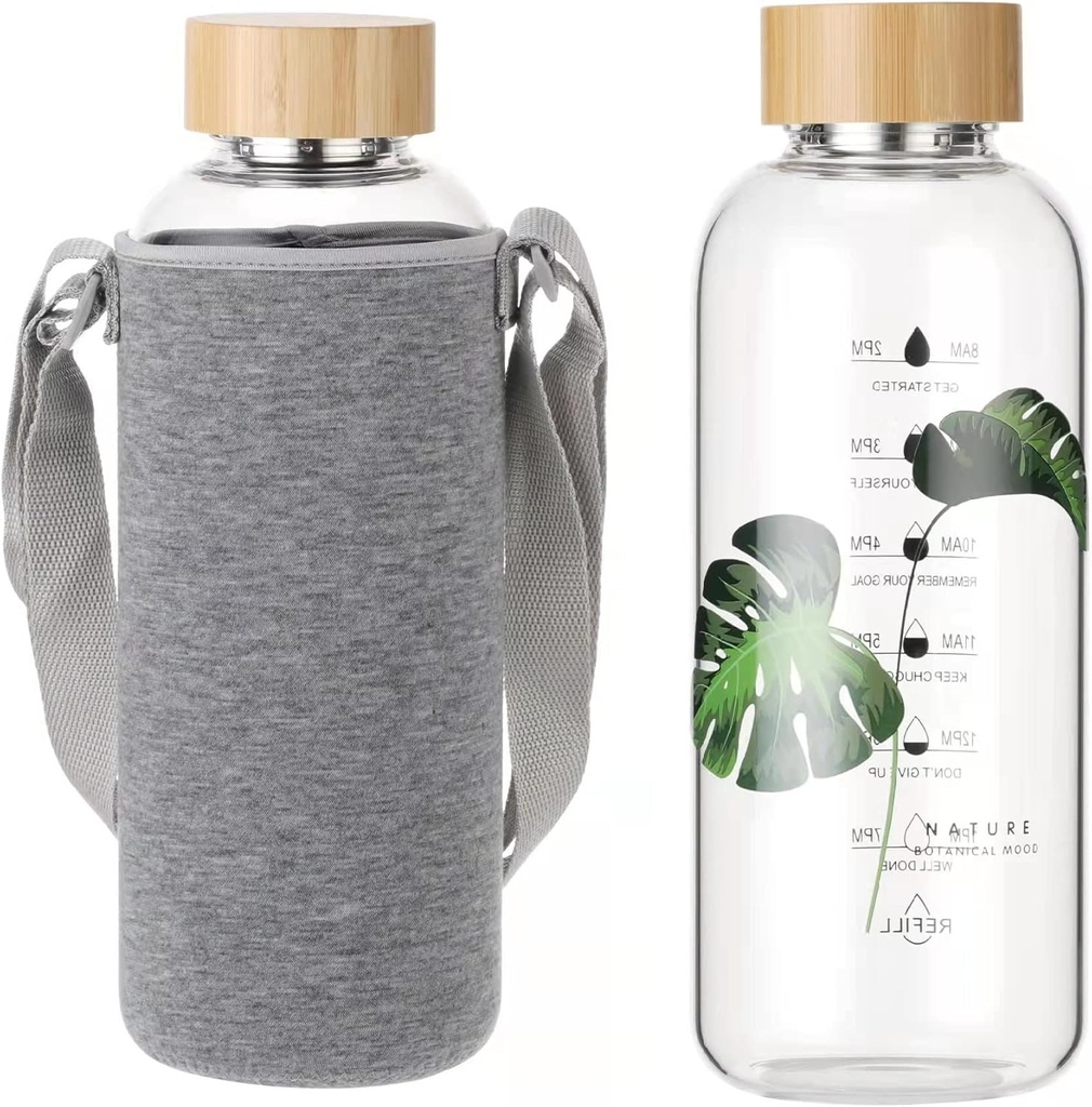 Ttifangix 50 Oz Glass Water Bottle Wide Mouth with Time Markers, Bamboo Lid, Neoprene Sleeve Bpa Free
