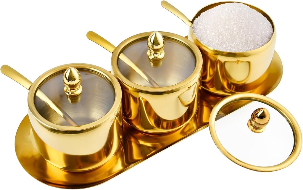 Akamino Set of 3 Stainless Steel Sugar Container with Glass Lid and Spoon, Gold 10oz Seasoning Jar Condiment Pots with Serving Tray, Kitchen Canisters Set for Pepper, Salt, Spice, Candy