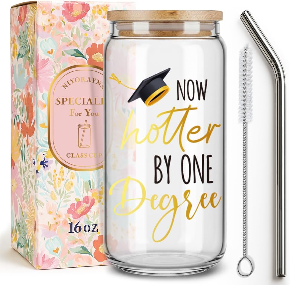 2025 Funny Drinking Glass Cup Graduation Gifts for Women Men Her Him,Now Hotter By One Degree,Gag Birthday Graduation Cups Gift for Bechelor Master Phd,Ice Coffee Glass Tumbler with Lid and Straw -3