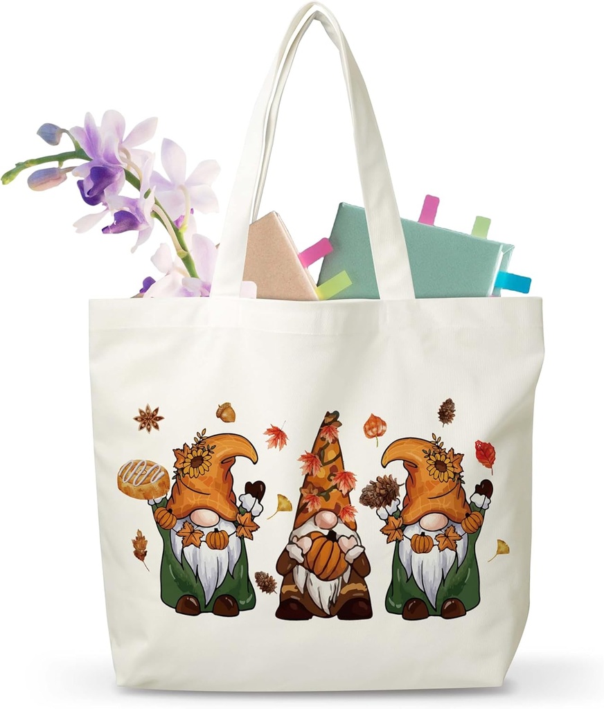 MVZX Fall Gnomes Canvas Tote Bag, Thanksgiving Shoulder Bag, Autumn Leaves Pumpkin Canvas Reusable Grocery Shopping Bag, Birthday Thanksgiving Day Gifts For Women, A68