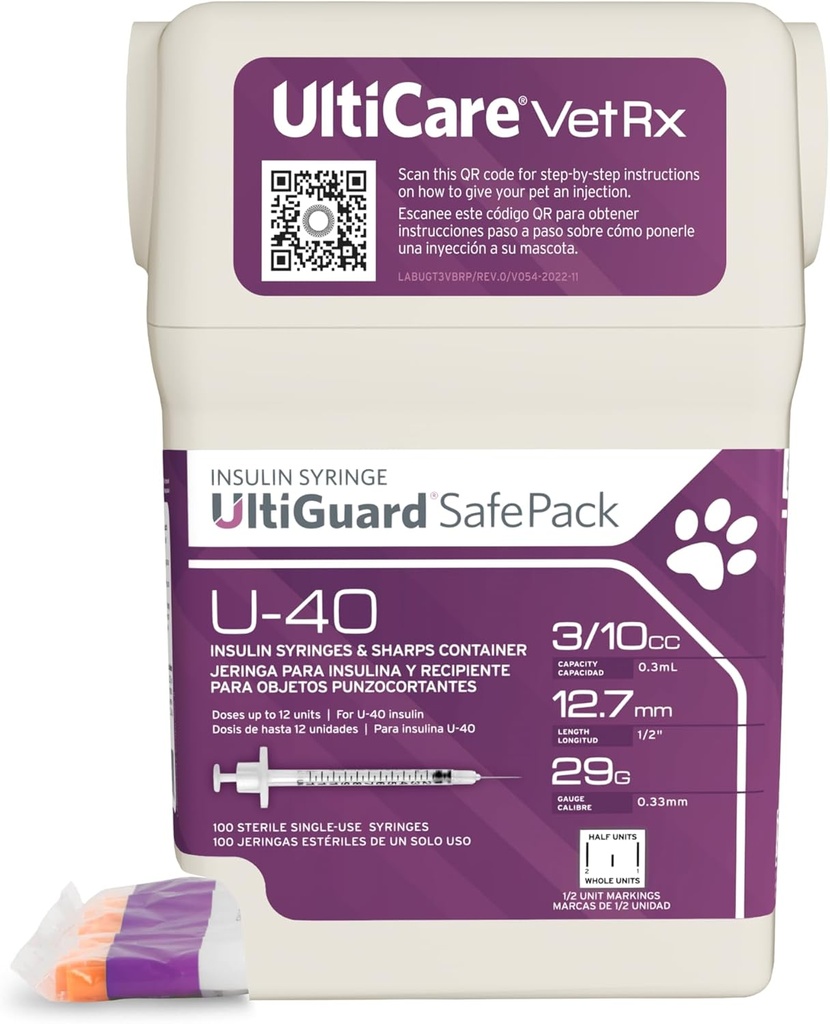 UltiCare VetRx U-40 UltiGuard Safe Pack Pet Insulin Syringes (29g 3/10cc 1/2")