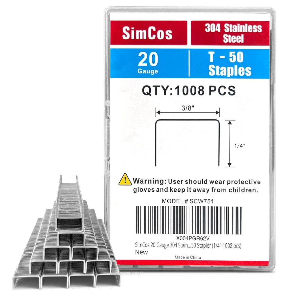 SimCos 20 Gauge 304 Stainless Steel T/50 Staples - 3/8" Crown Upholstery Staples, 1/4"~9/16" Leg Length, 1008 Counts, Compatible with Staple Gun & T-50 Stapler (1/4"-1008 pcs)