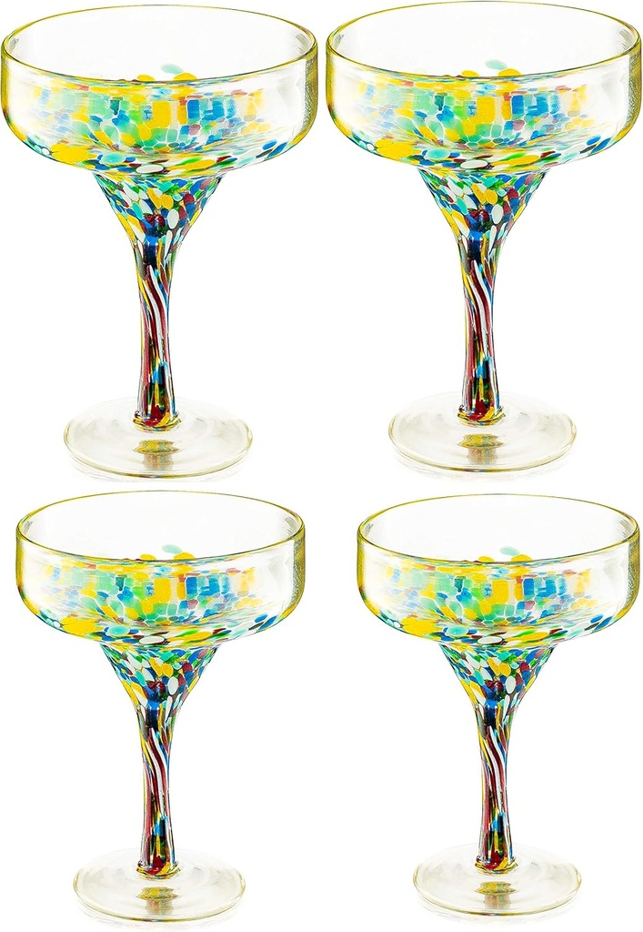 Margarita Glasses – Set of 4 - Luxury Hand Blown Confetti Margaritas, Cocktails, Water, Wine, Dessert, Martini & Champagne Cinco de Mayo, Hand Blown - Mexican Confetti Design Glass, Party, Home & Bar