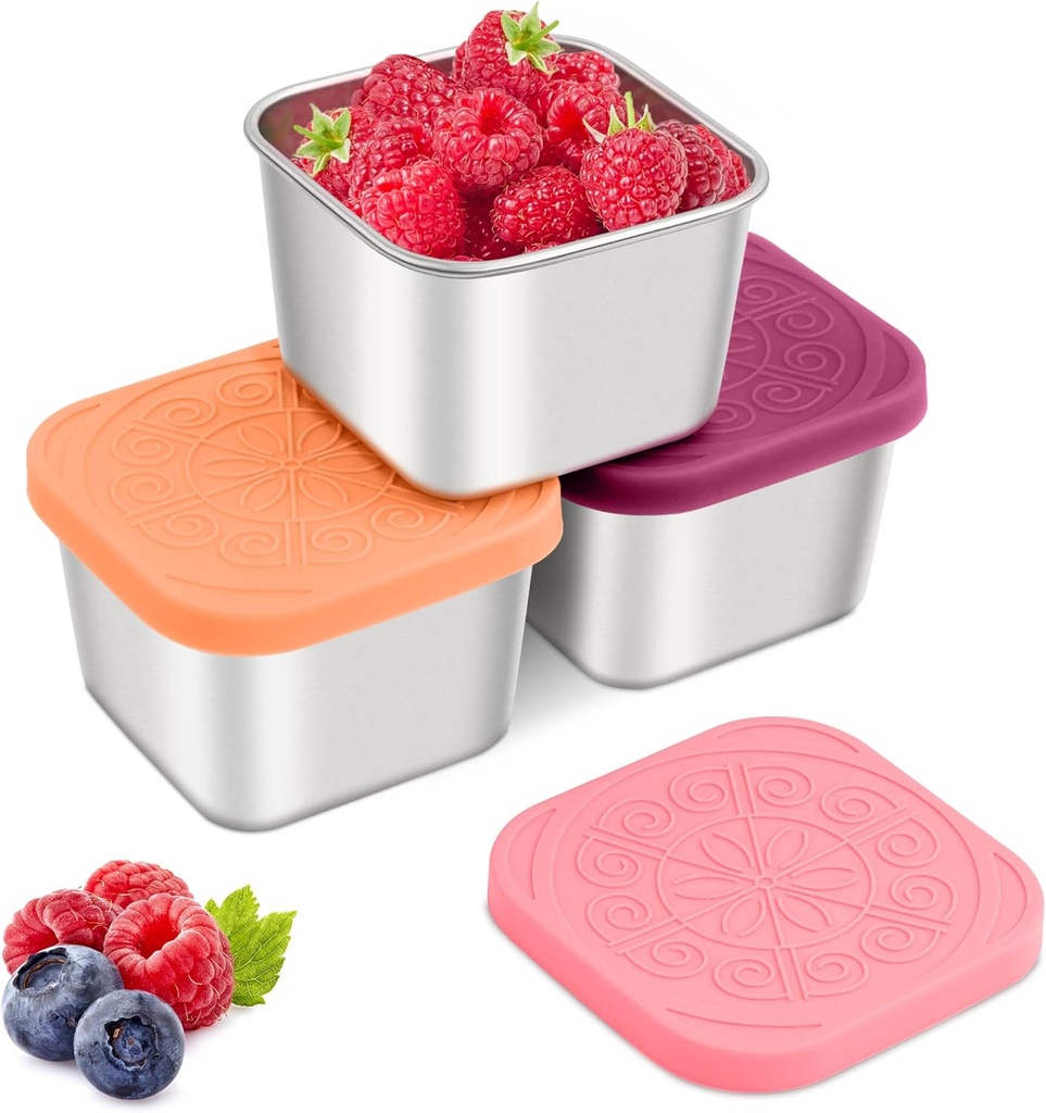Qukaka Stainless Steel Snack Containers for Kids,7.2oz Easy Open Leak Proof Reusable Snack Box Container with Lids,Small Lunch Containers for Meal Prep,School,Picnic and Travel-3Pack