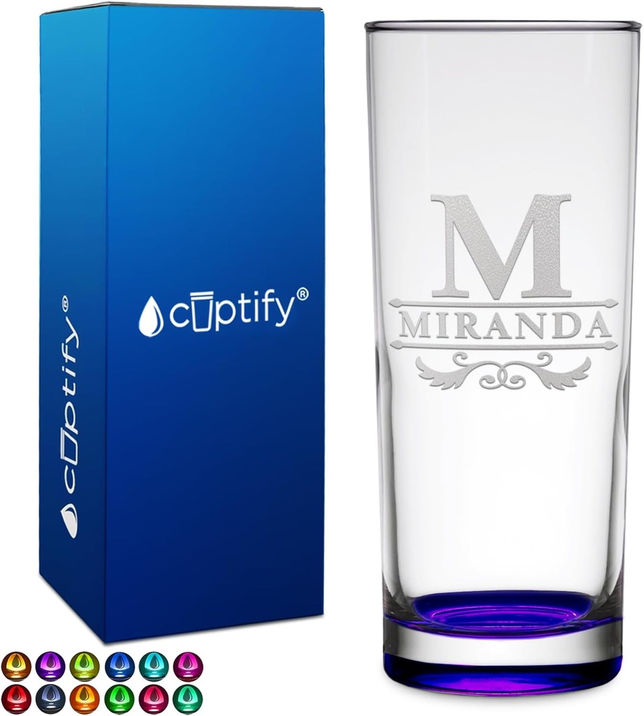 Personalized Highball 10.5 oz with Purple Bottom, Custom Tall Collins Glass, Straight up Mixed Drink Cocktail - Initial with Name Gift