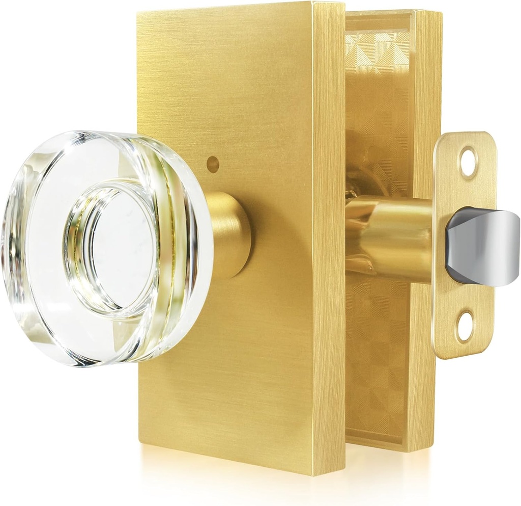 Newlaking Privacy Door Knob with Lock - Crystal Glass Interior Door Handle for Bedroom Bathroom Closet - Satin Brass, 1 Pack