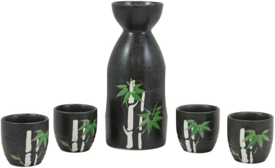 Set Of 1 Porcelain Green Bamboo Silhouette Japanese Sake Rice Wine Flask And 4 Cups