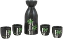 Set Of 1 Porcelain Green Bamboo Silhouette Japanese Sake Rice Wine Flask And 4 Cups
