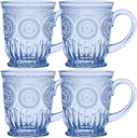 Blue Glass Mugs Set of 4, 10oz Coffee Cups or Vintage Tea Cups, Aesthetic Blue Mug Set, Unique Tea Cup Glass with Sunflower Design, Dishwasher Safe, Lead-Free