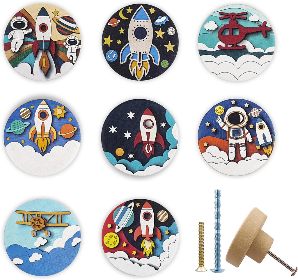JamJam Set of 8 1.8" Wooden Cabinet Knobs Space Rocket Astronaut Moon Theme Nursery Kids Room Furniture Dresser Drawer Knobs and Pulls