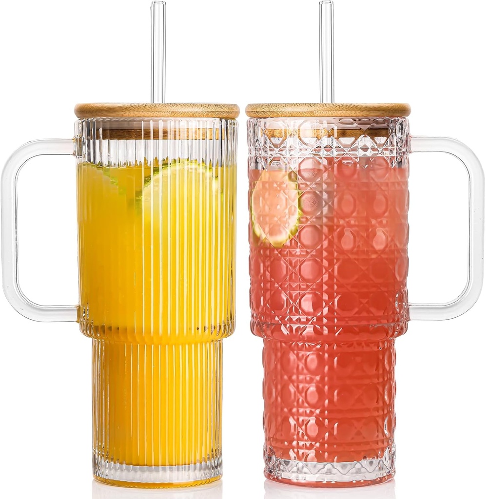 Cyrelwing 26oz Ribbed glass tumblers with bamboo lids and straws-drinking Glassware Set,Thickened Glass for Iced Coffee, Smoothies, Cocktails,Juices,tea