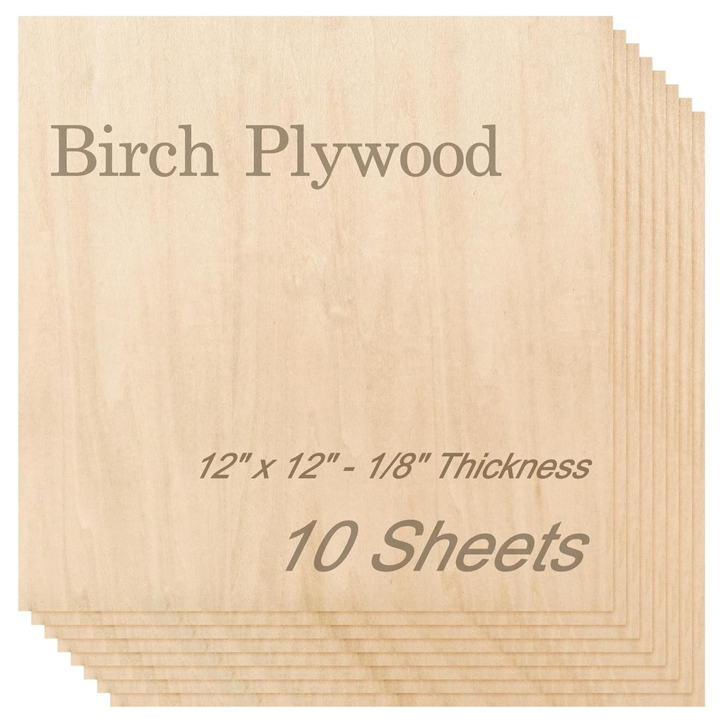 Baltic Birch Plywood - 1/8 Inch Thickness - 12" x 12" Square Wood Sheets for Laser Cutting, CNC Cutting and Crafts - Pack of 10