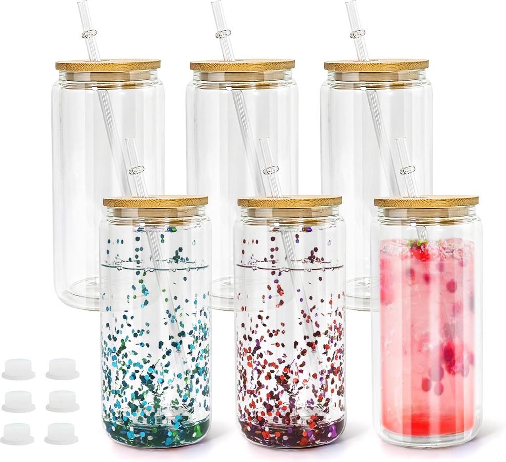 20oz Acrylic Snow Globe Cup, 6pack Plastic Snowglobe Tumbler with Bamboo Lids and Straws, Unbreakable Plastic Drink Jars with Plugs, Pre Drilled Double Wall Acrylic Ice Tea Cups,Mason Cup for Glitter