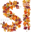 Helimoto Fall Garland, 2 Pcs 11.8 FT Thankgiving Decorations for Home, Hanging Maple Fall Leaves Garland, Artificial Autumn Thanksgiving Decor Outdoor Indoor for Wedding Party Fireplace Mantle Decor