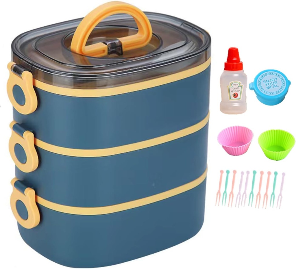 JENAGREN Bento Box Lunch Container, Stackable 3 Layers Meal Prep Salad Adult Lunch Box, Leak-Proof Sandwich Containers with Cutlery for Adults Men Women,BLUE