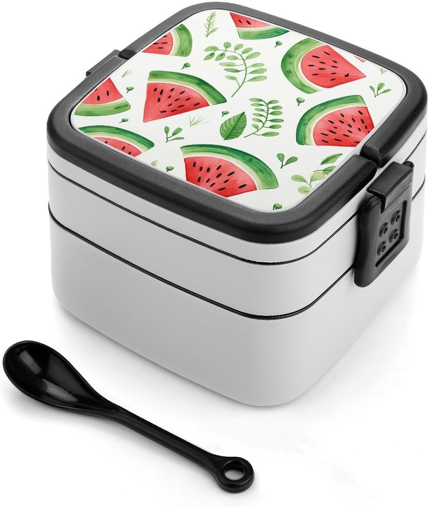 Rkklvbns Personalize Double Layer Bento Box Watermelon Pattern Lunch Box - Durable, Leak-Proof with Spoon Adult Premium Bento Case for Work Travel Camping