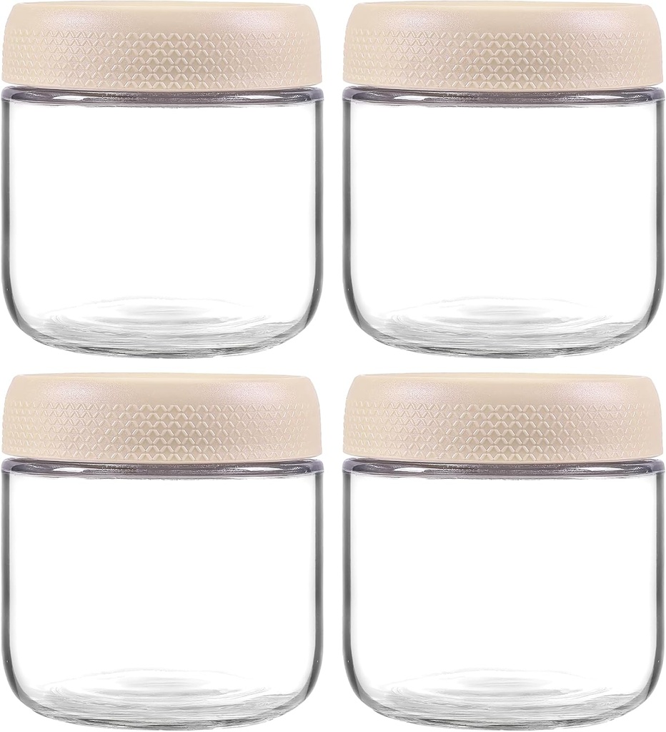 MOLADRI 4 Pack Glass Clear Storage Canister with Airtight Lid, 12oz Overnight Oats Containers, Small Cute Decorative Pantry Jar for Snacks, Yogurt, Cereal, Fruit, Salad, Spice, Sugar, Coffee - Beige