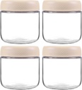 MOLADRI 4 Pack Glass Clear Storage Canister with Airtight Lid, 12oz Overnight Oats Containers, Small Cute Decorative Pantry Jar for Snacks, Yogurt, Cereal, Fruit, Salad, Spice, Sugar, Coffee - Beige