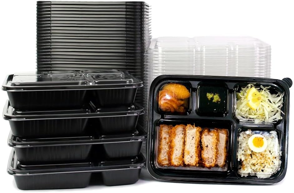 FEXTA 5 Compartment Meal Prep Containers With Lids - (50 Pack) Plastic Food Bento Boxes Stackable Reusable Disposable Microwaveable Safe