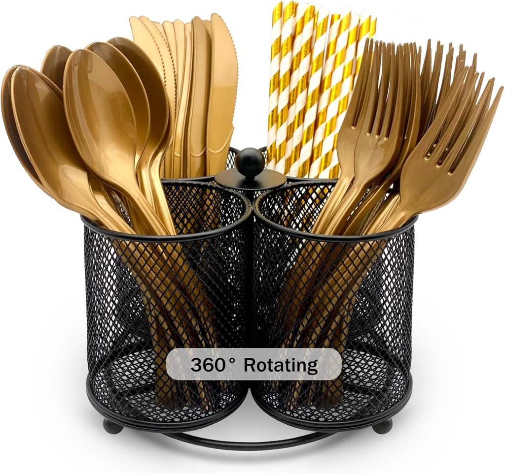 DysanVica Silverware Holder Utensil Caddy - 360° Rotating Silverware Caddy 4 Compartment Metal Cutlery Organizer Fork Spoon Napkin Plastic Flatware Storage Basket Party Countertop Picnic Outdoor Black
