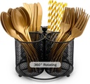 DysanVica Silverware Holder Utensil Caddy - 360° Rotating Silverware Caddy 4 Compartment Metal Cutlery Organizer Fork Spoon Napkin Plastic Flatware Storage Basket Party Countertop Picnic Outdoor Black